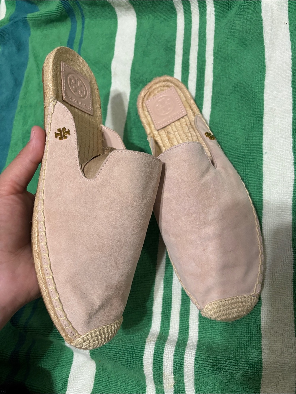 Tory Burch Pale Blush Suede Espadrille Mule with Gold Logo